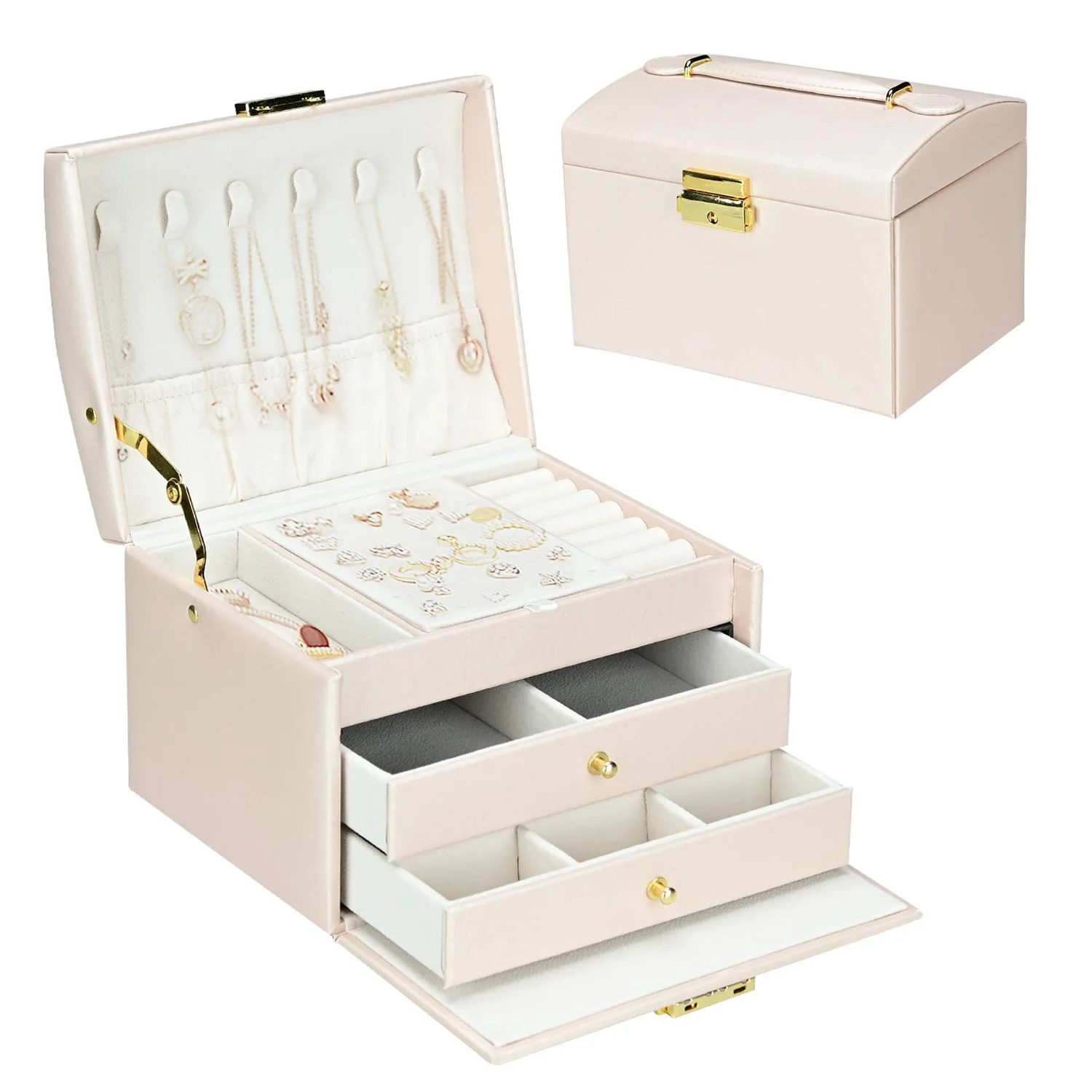 Podazz Boîte de rangement de bijoux, boîte à bijoux en cuir PU à trois couches, organisateur de bijoux compact pour colliers, boucles d'oreilles, bagues, etc - Rose