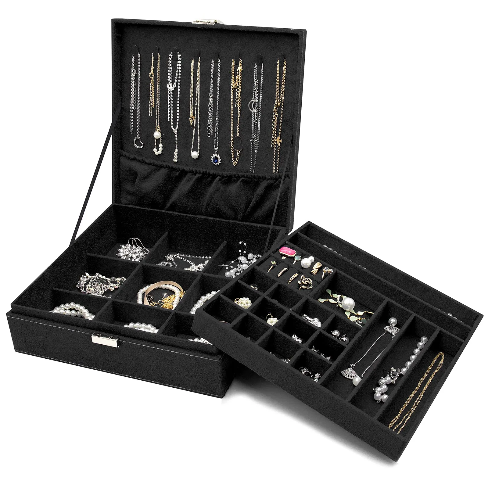 ProCase Boîte à bijoux Organisateur, 2 étages Grandes boîtes à bijoux Boîtes de rangement pour boucles d'oreilles, bracelets, bagues, colliers - Noir