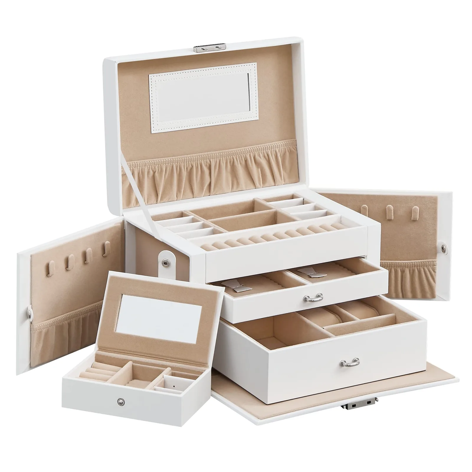 SONGMICS Boîte à Bijoux 3 Niveaux, Écrin 2 Tiroirs, Coffre de Rangement, avec Mini-boîte Portable, Poignées, Verrouillable, Revêtement en Blanc Classique et Doublure en Jaune Sable JBC121W Blanc Clas…